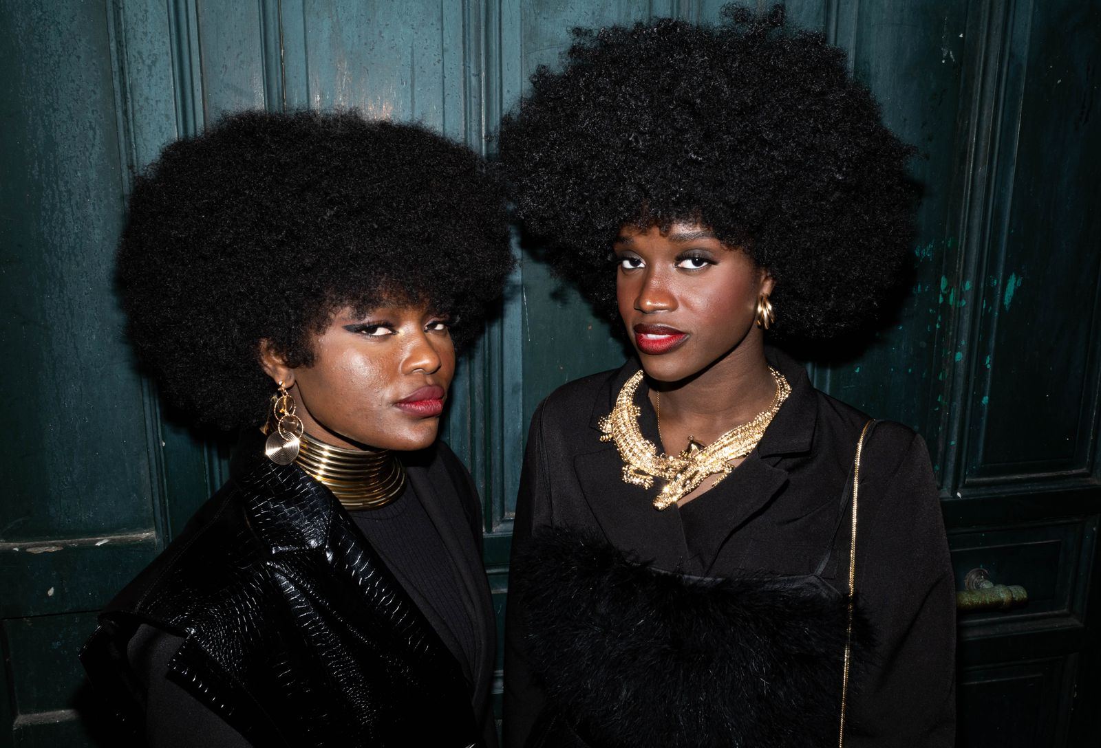 Two friends with full, shaped afros
