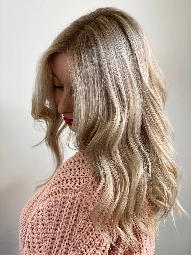 Close-up side view of a blonde woman wearing a pink knitted sweater. Soft and elegant portrait.