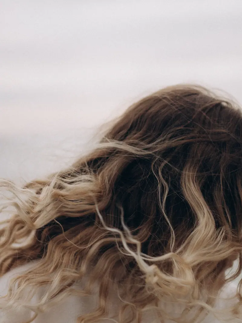 Close-up of windblown blonde hair with a natural background, conveying freedom and nature's beauty.