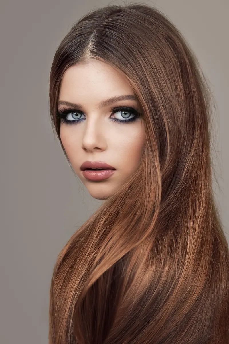 Studio shot of a woman with auburn hair and intense eyes, showcasing beauty and elegance.