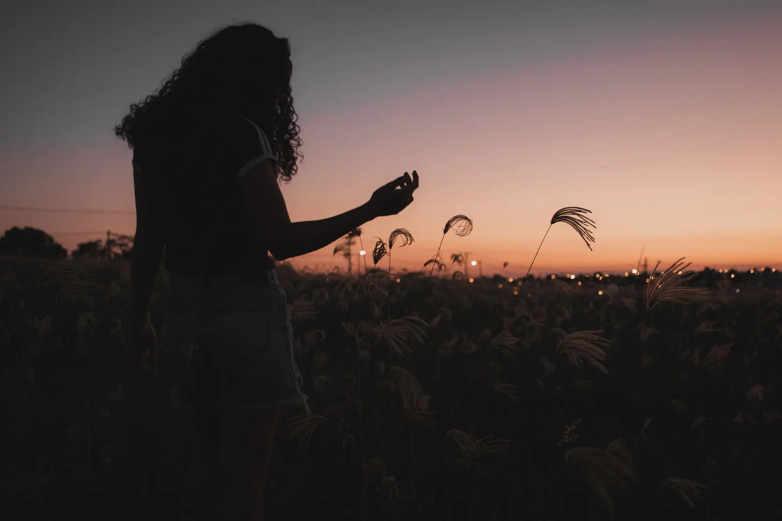 Silhouette of a woman in a field at sunset, capturing tranquility and reflection.
