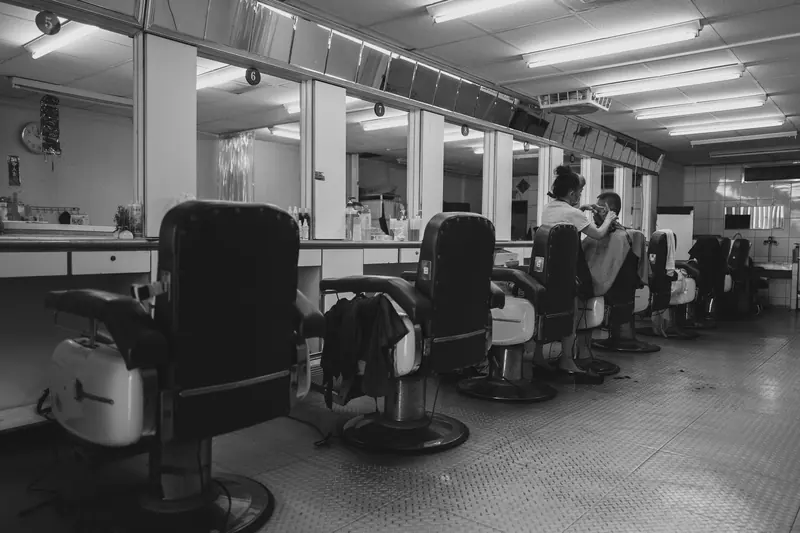 Barbershop interior, black and white