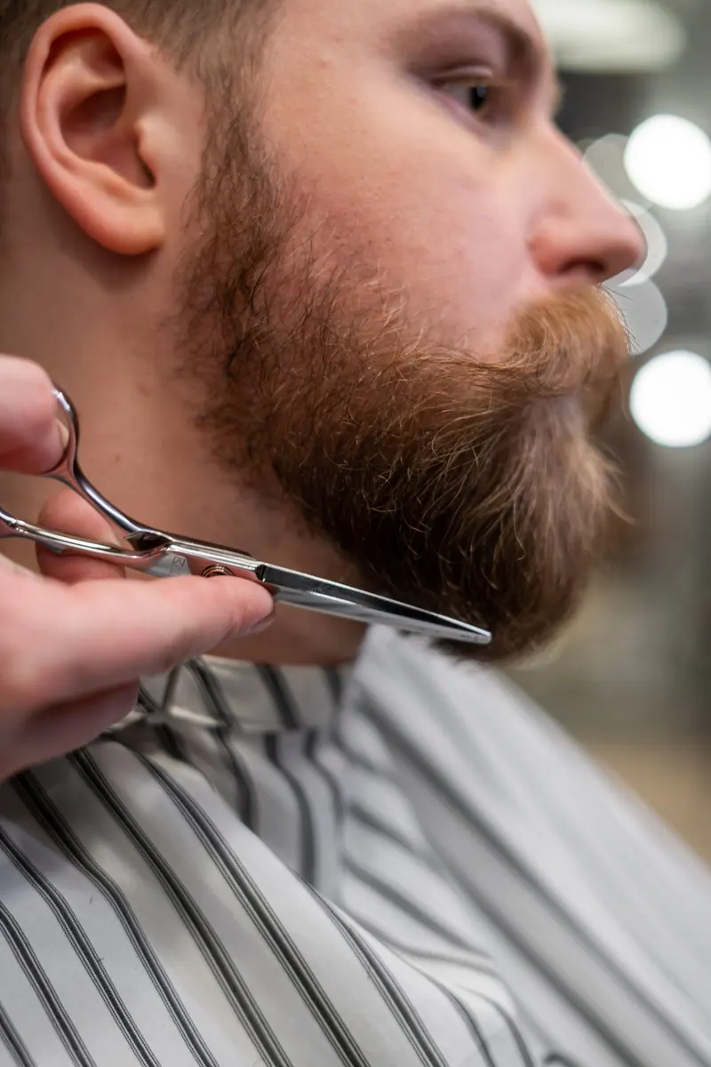 A professional barber trims a bearded man's beard with scissors in a barbershop.