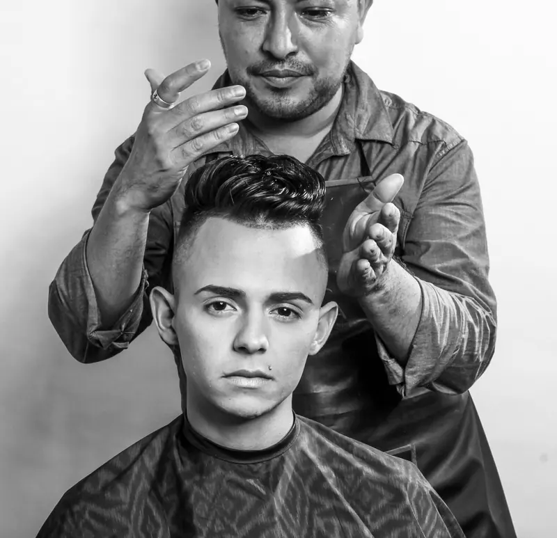 Barber and client portrait