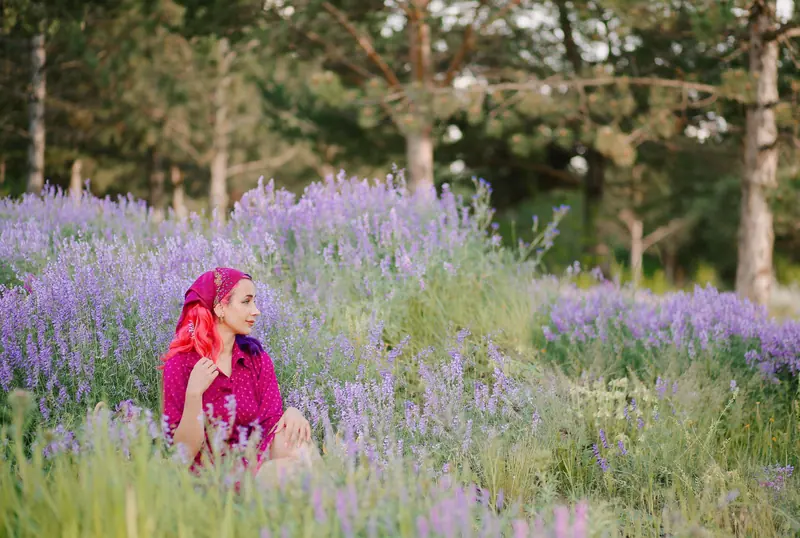 Pink hair in a field of lavender