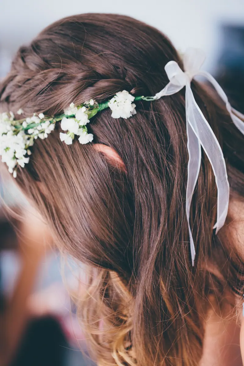 Close-up of a woman with floral hair accessory, featuring delicate flowers and ribbons.