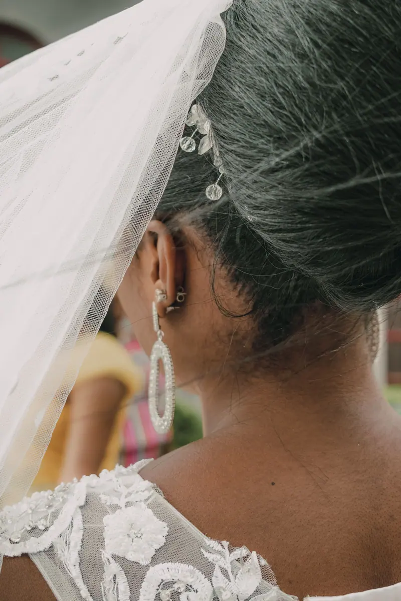 Close-up of a bride's back view showcasing her elegant hair bun, veil, and dazzling earrings during a wedding.