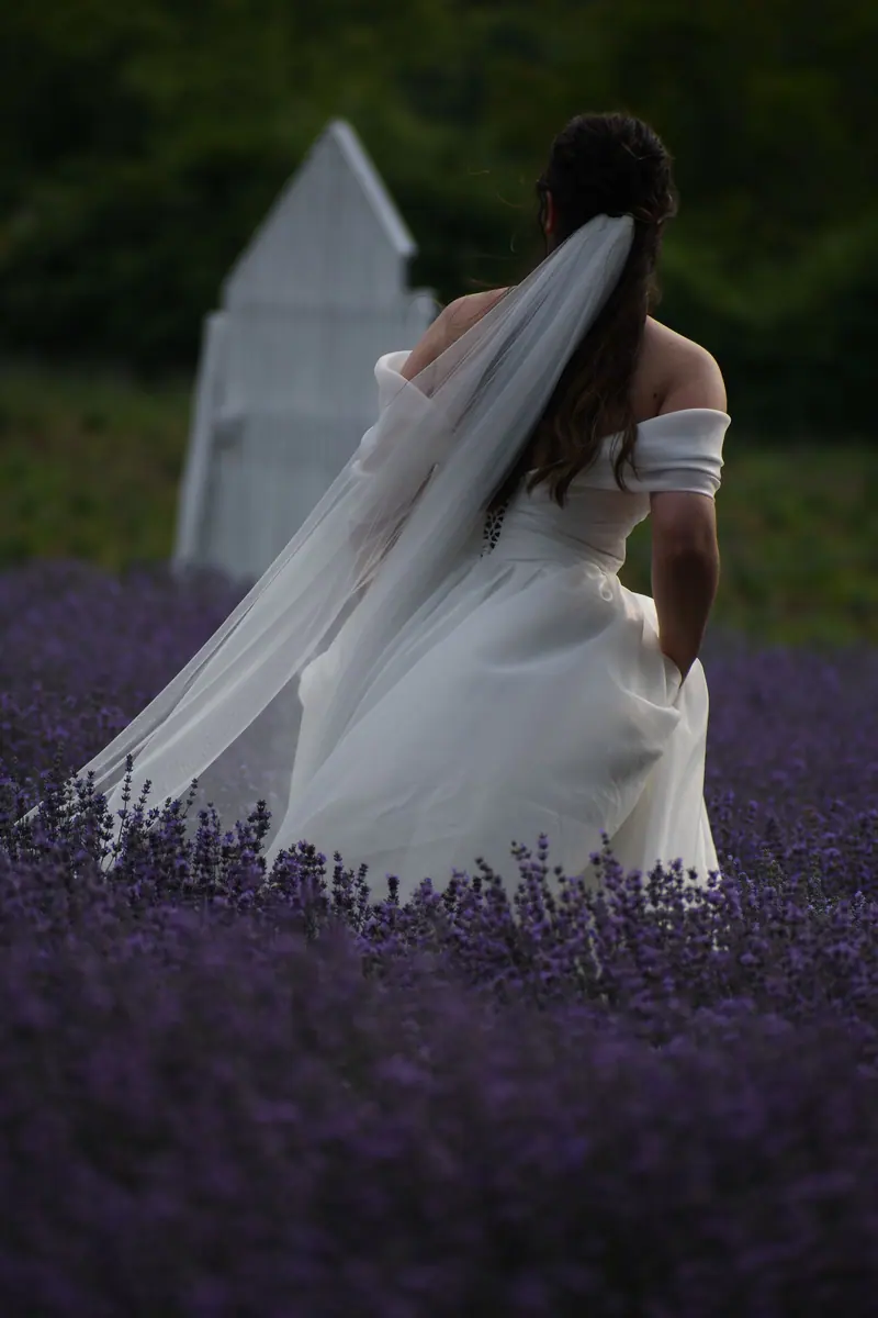 A bride in a white wedding dress walks through a lavender field in rural Sinop, Türkiye.