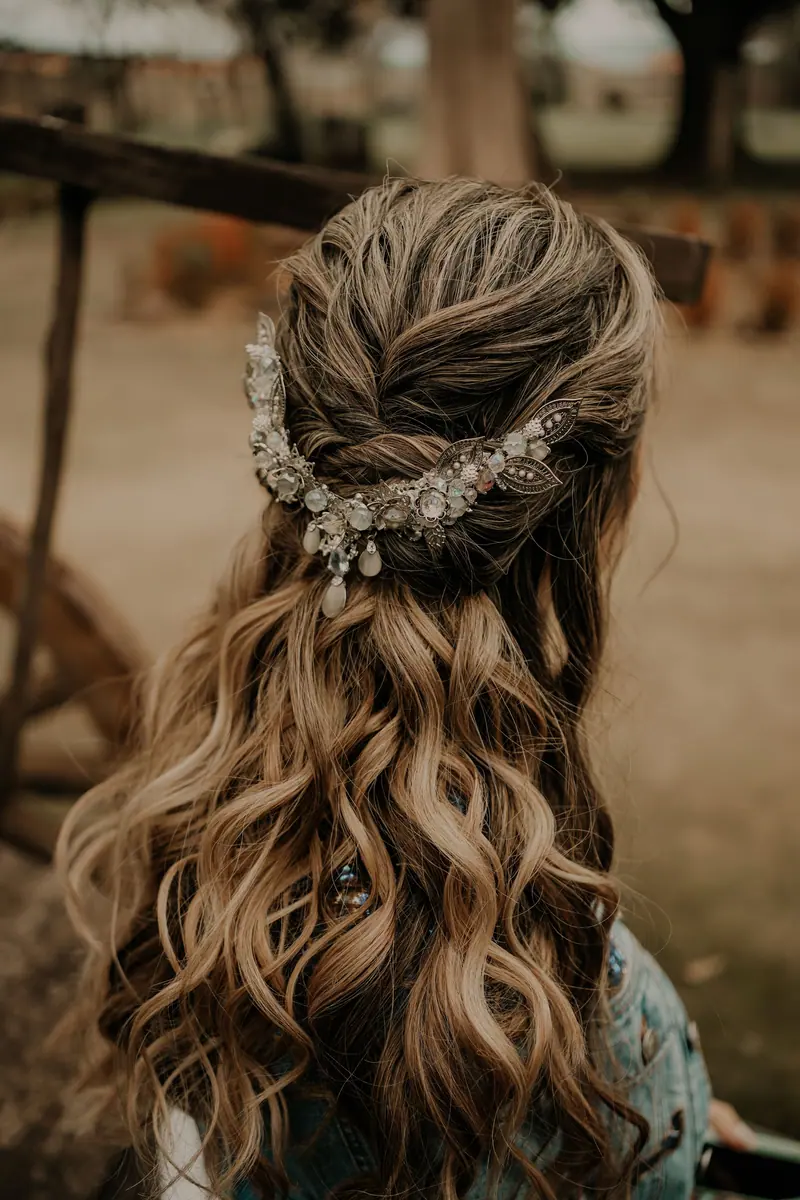 A stylish beaded hair wreath adorning wavy hair, captured with focus on jewelry details.