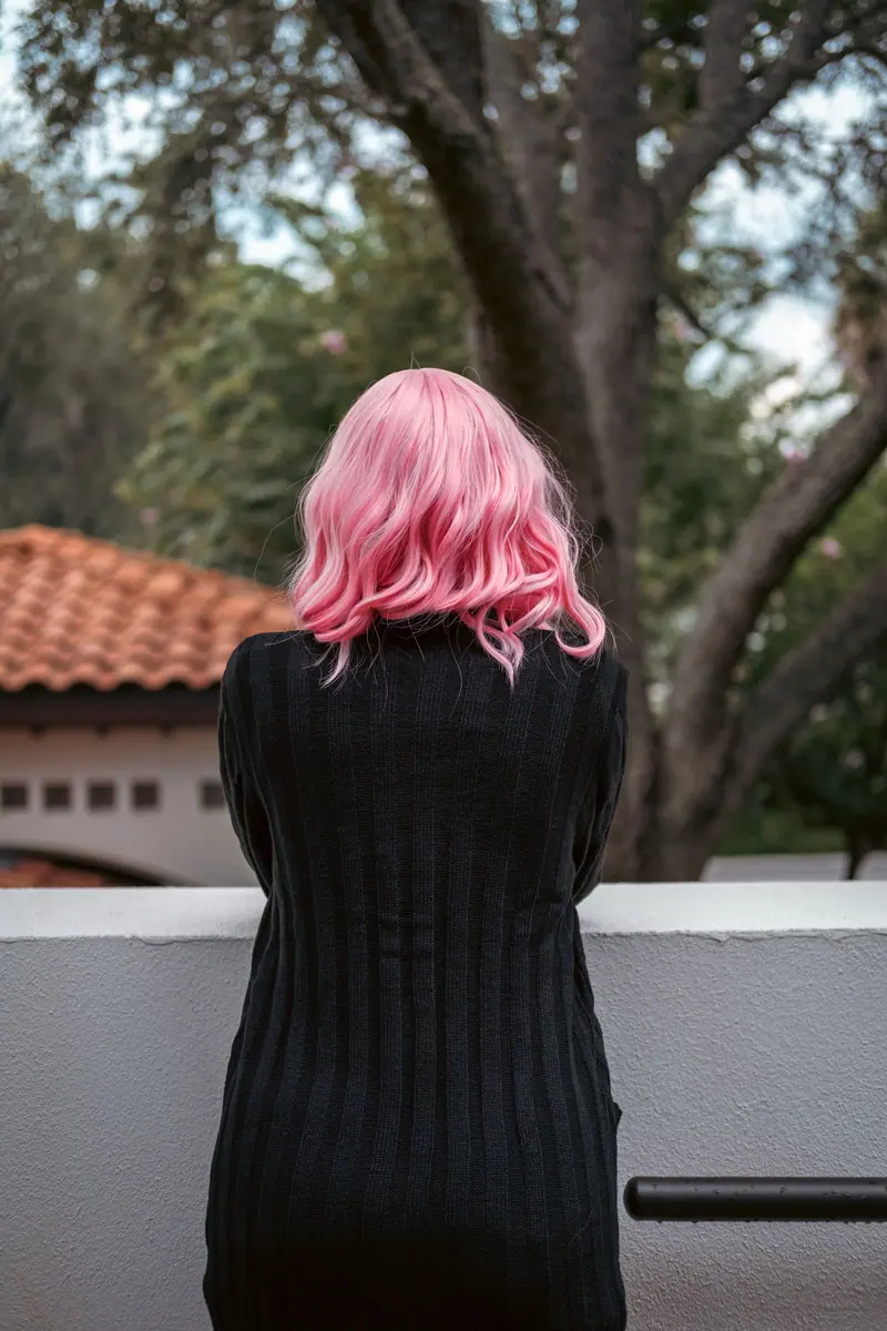 Back view of a woman with vibrant pink hair wearing a black dress, enjoying a serene outdoor setting.