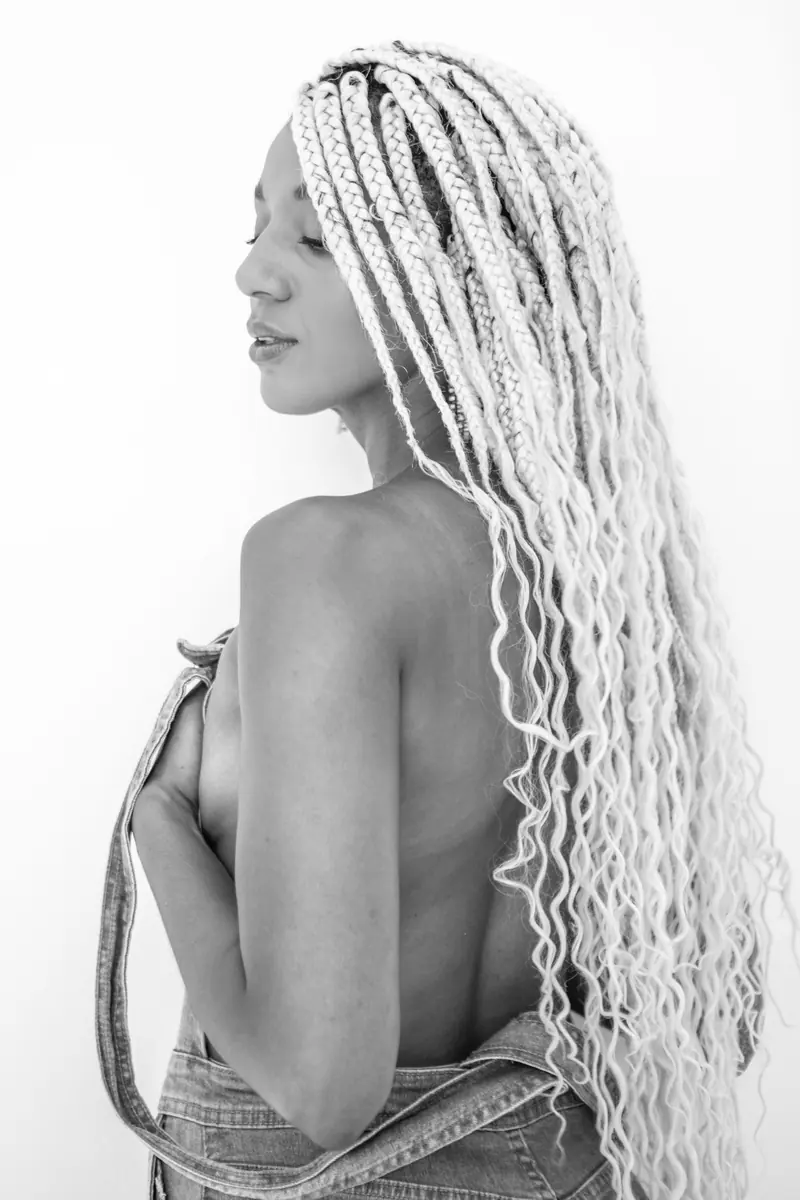 Long white braids in black and white