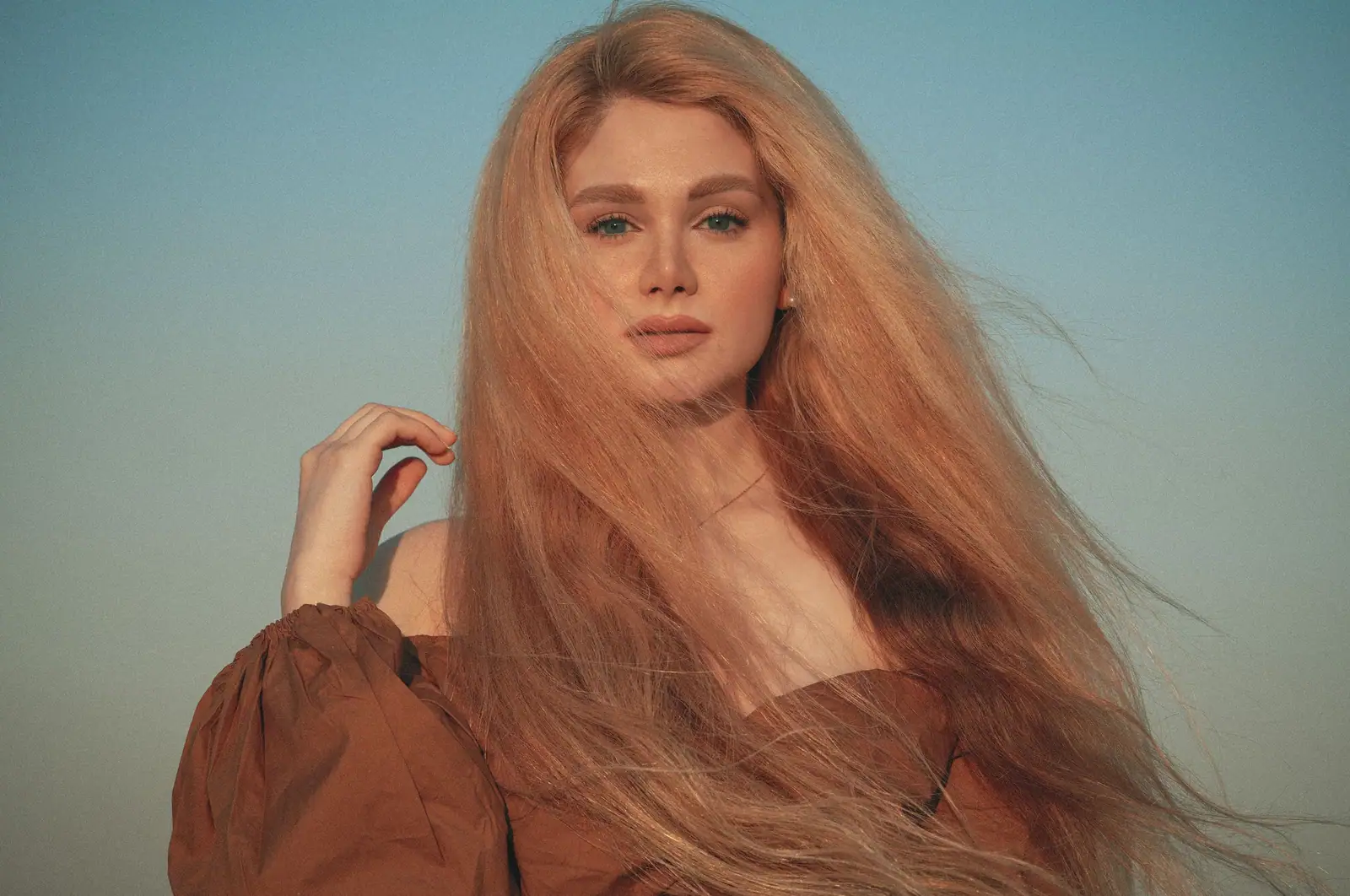 Elegant portrait of a woman with long blonde hair and blue sky background.