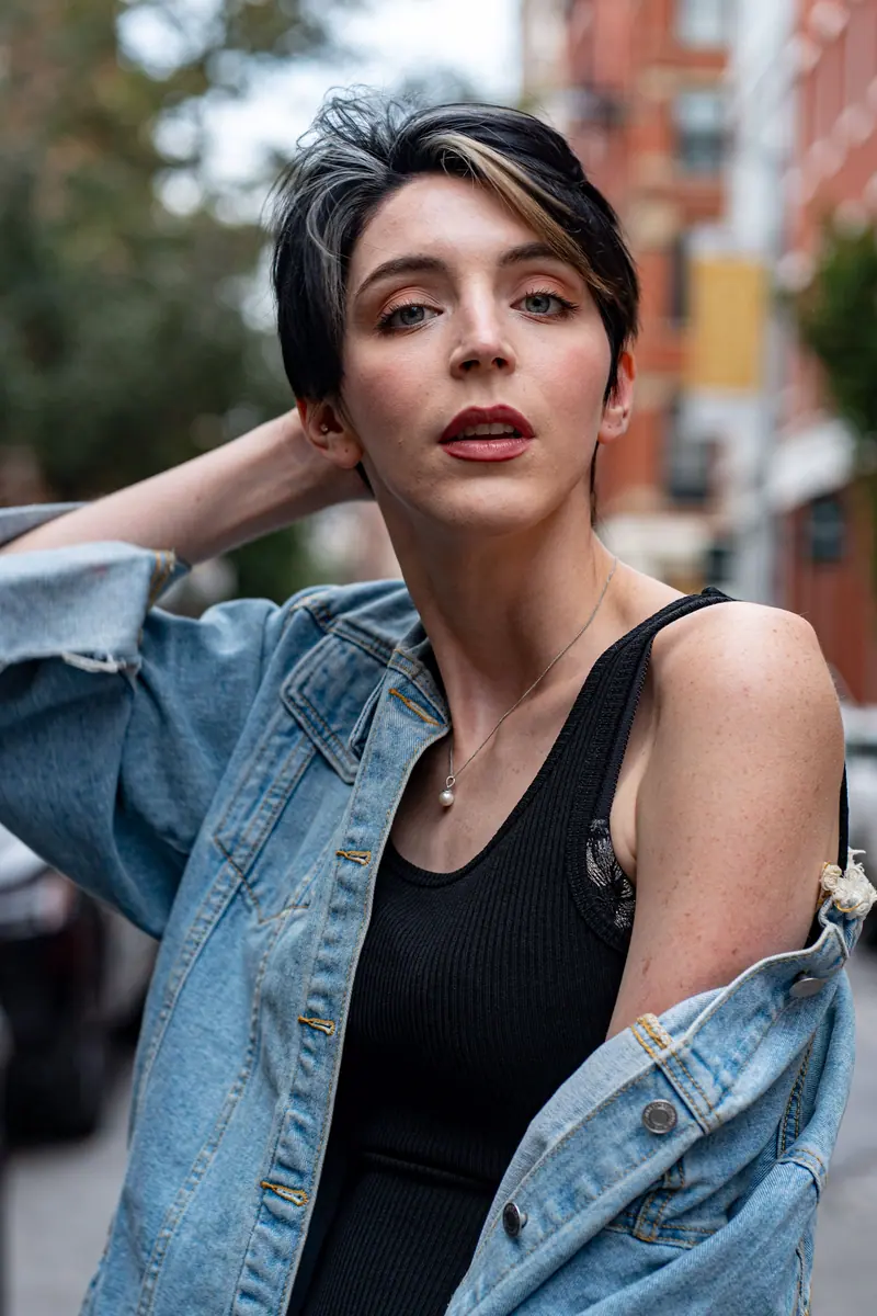 Short textured crop and a denim jacket