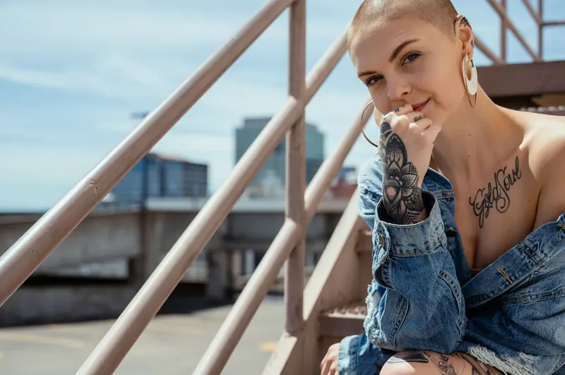 Shaved head with a denim jacket