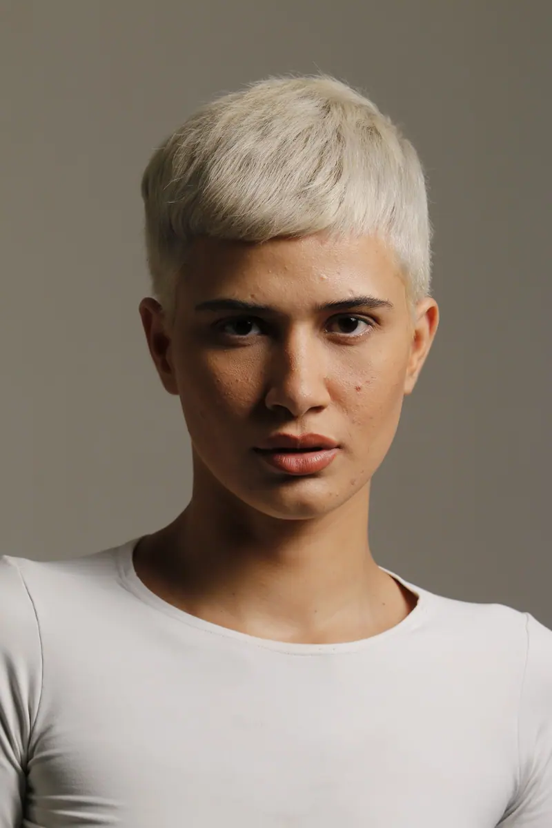Studio portrait of a person with short blonde hair in a white shirt.