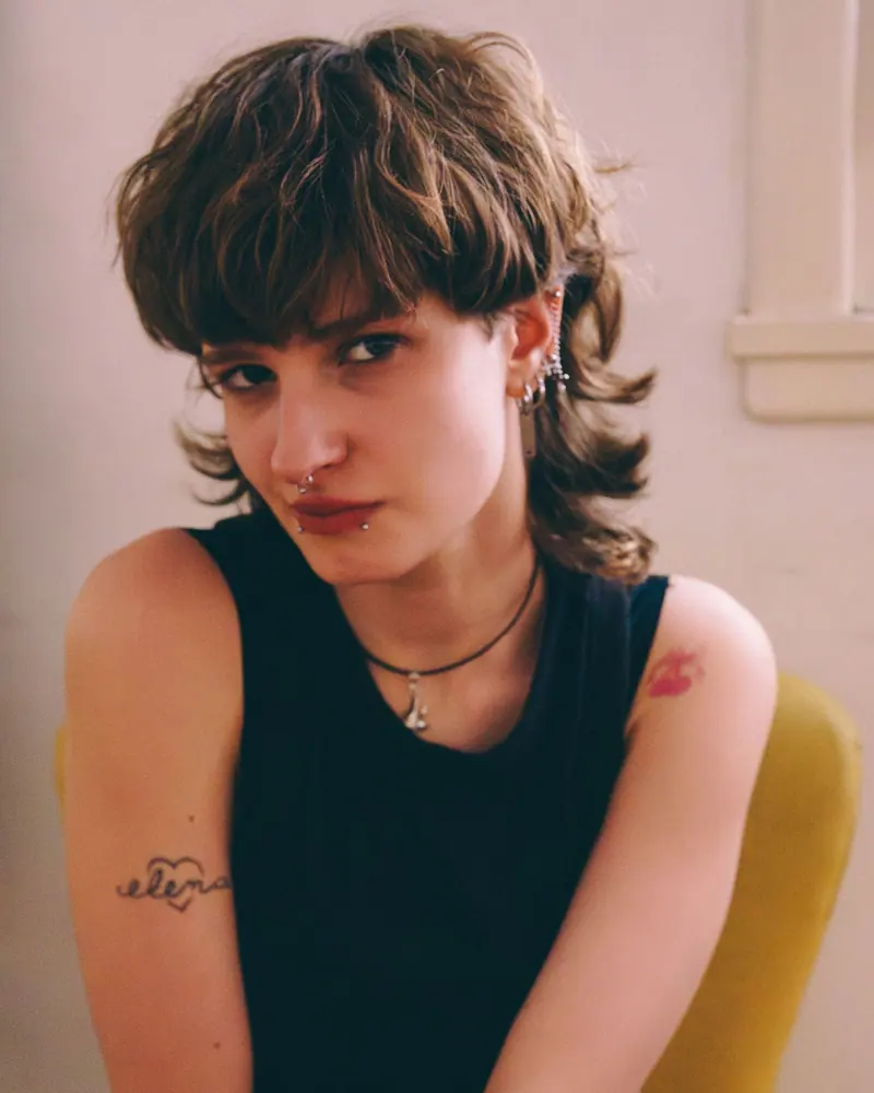 Shaggy brunette mullet with face-framing layers