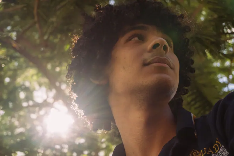 Curls backlit by afternoon sun through leaves