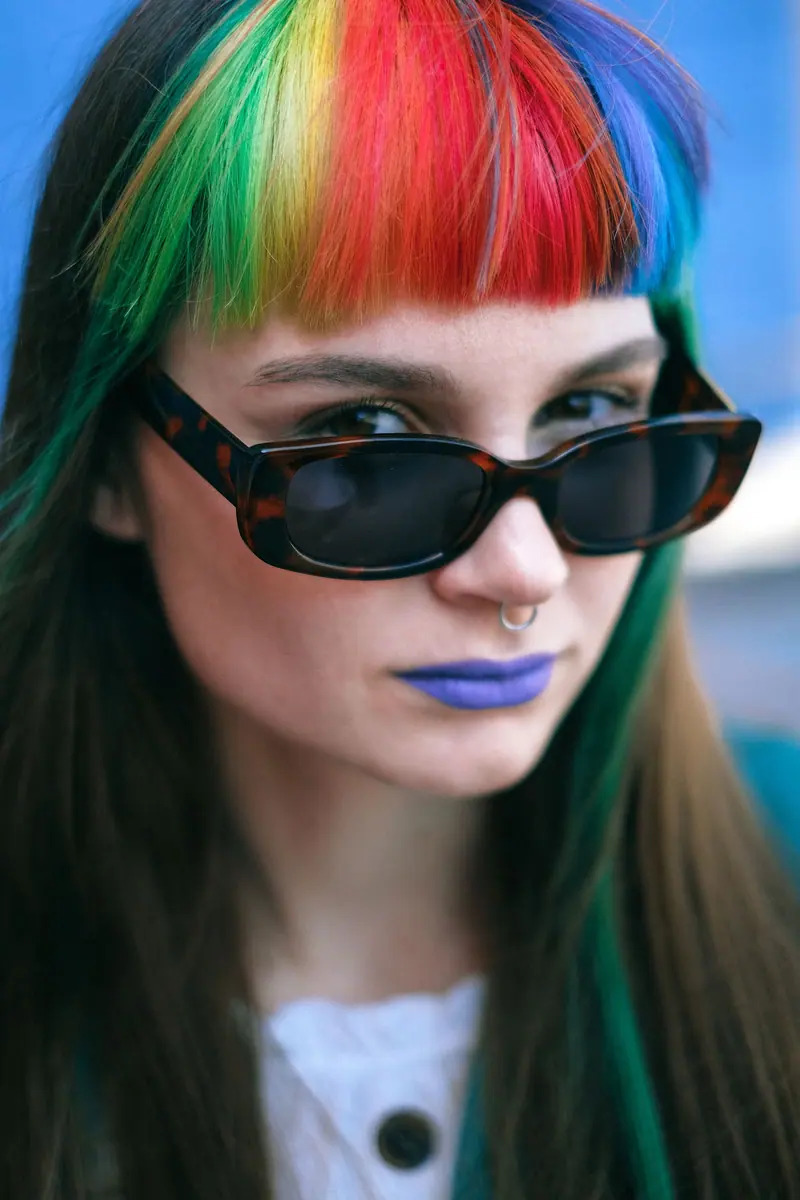 Rainbow fringe with sunglasses and blue lipstick