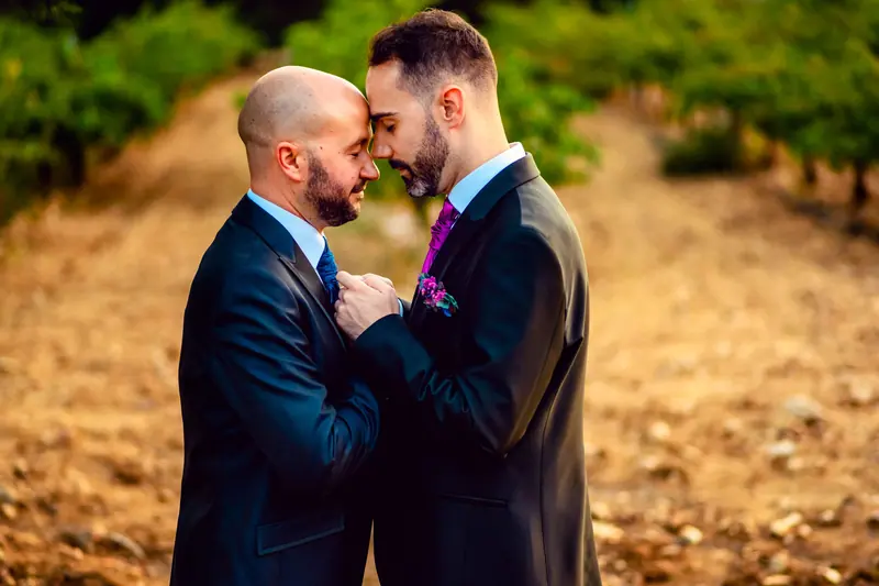 Two grooms forehead to forehead