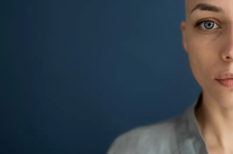 Shaved head against deep blue
