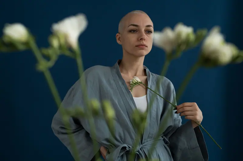 A woman with a shaved head holds freesia flowers, reflecting deep emotion.