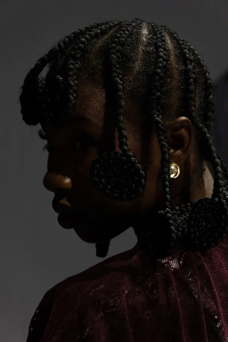 Artistic portrait of a woman with intricate braided hair and earrings in dramatic lighting.