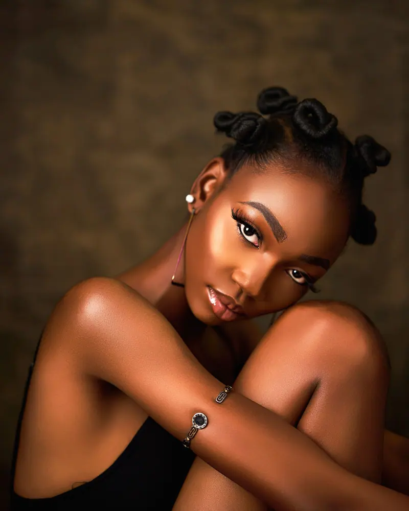 Stunning portrait of an elegant woman with a natural hairstyle, captured in warm tones.