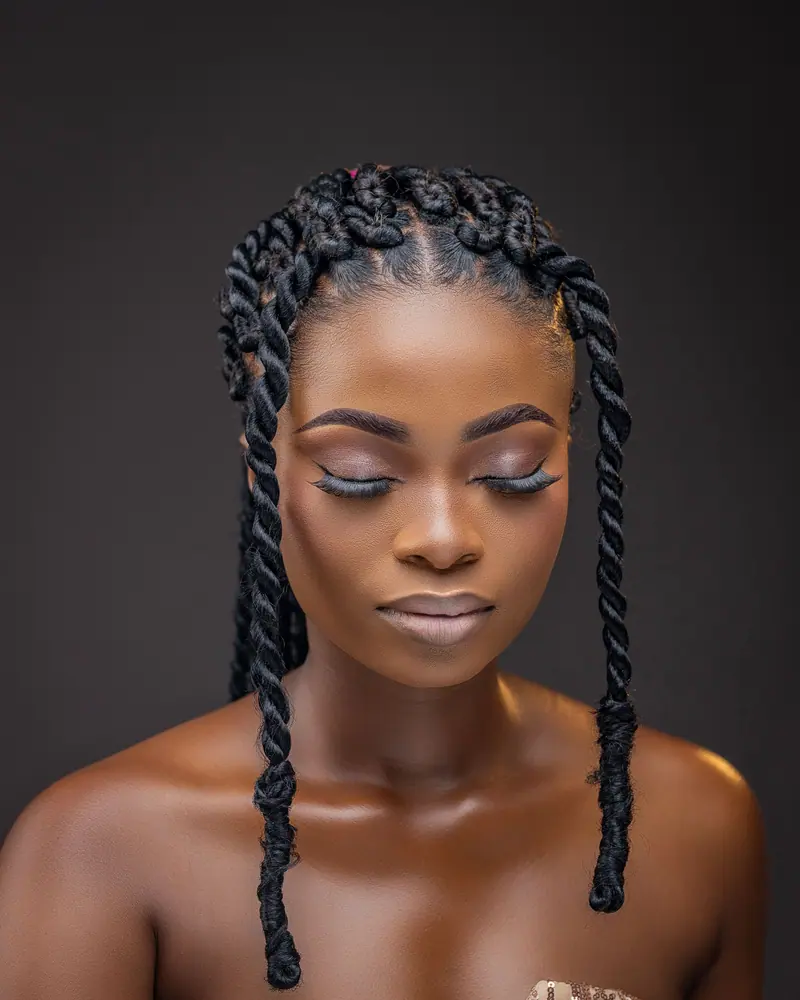 Beautiful portrait of a woman with braids, eyes closed, on a dark background.