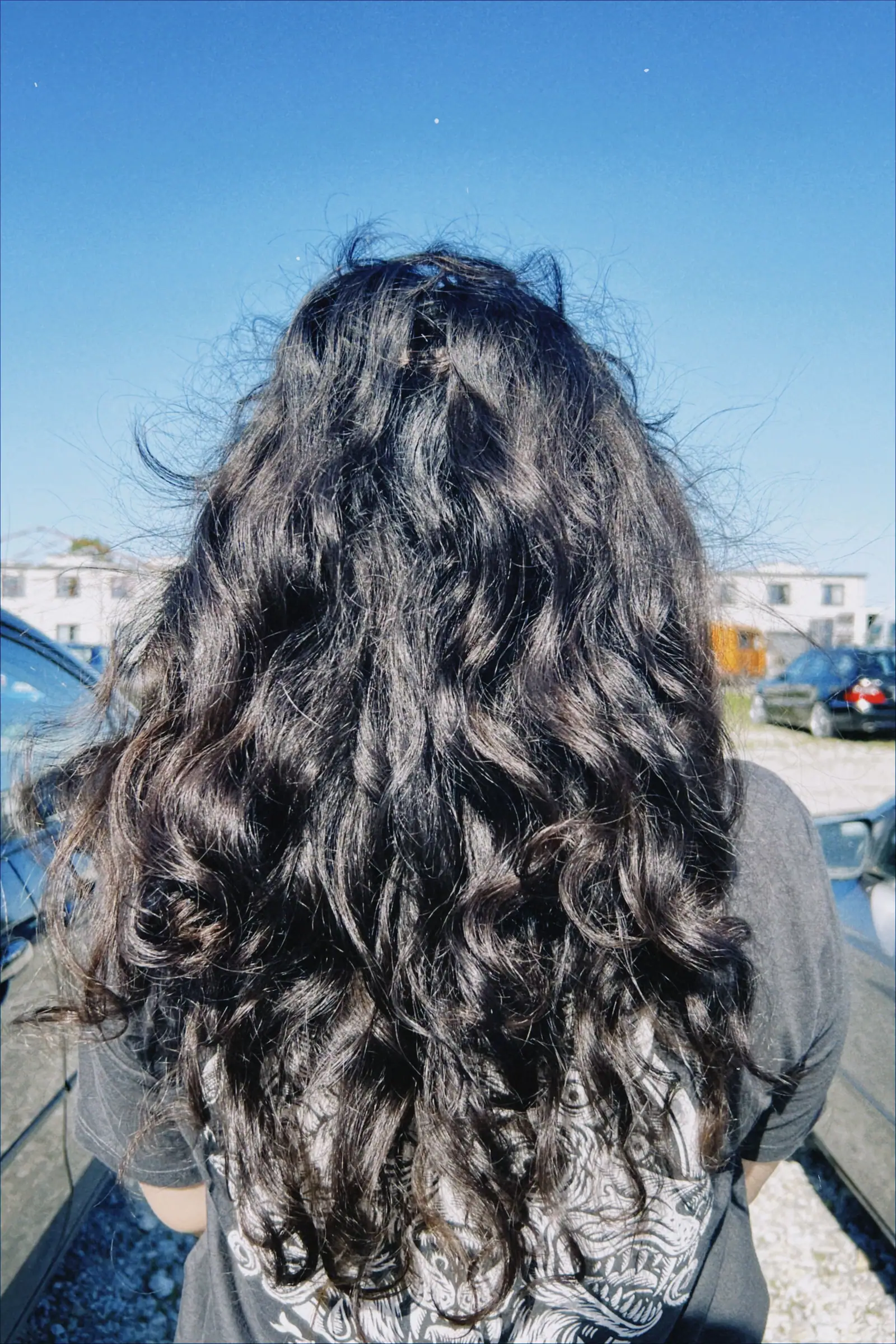 Long, dense dark curls seen from behind against a bright blue sky