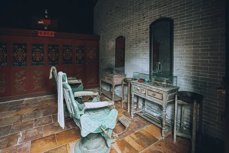 A vintage hair salon featuring retro chairs and mirrors, evoking an old-world charm.