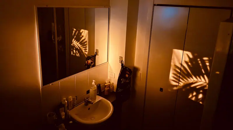 A warm bathroom scene with sunlight casting palm shadows on the wall.