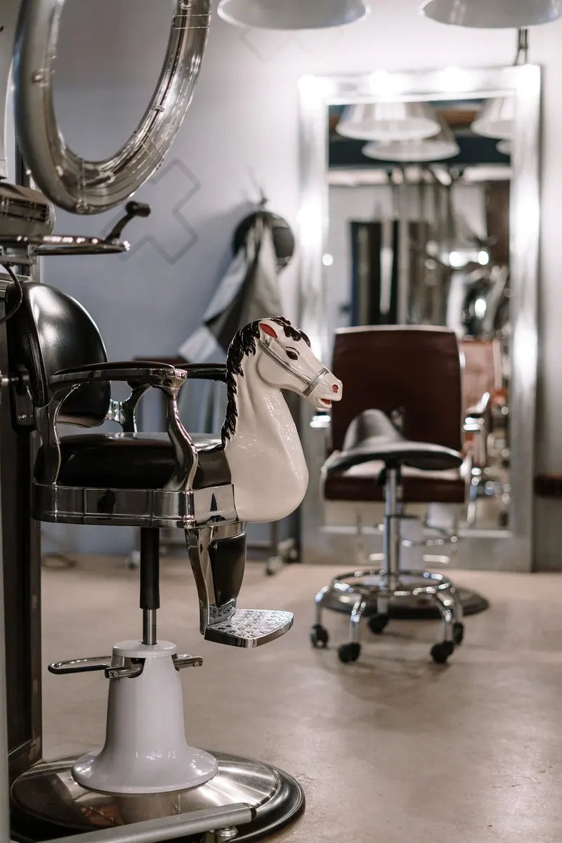 Charming vintage salon interior featuring a horse-themed children's chair.
