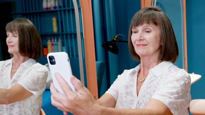 Elderly woman takes selfie in salon, capturing the moment with a smartphone.