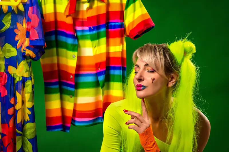 Neon yellow hair beside a rainbow-striped shirt