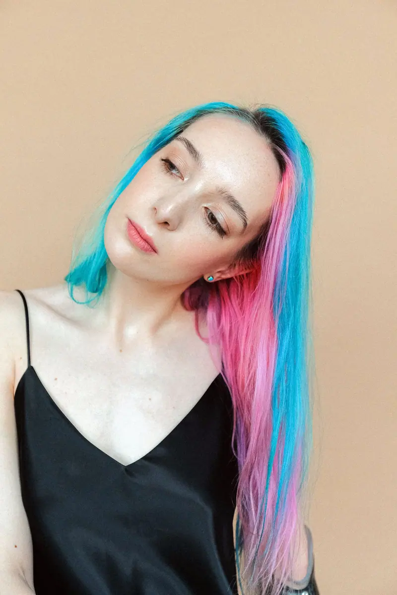 Long split dye in aqua and pink