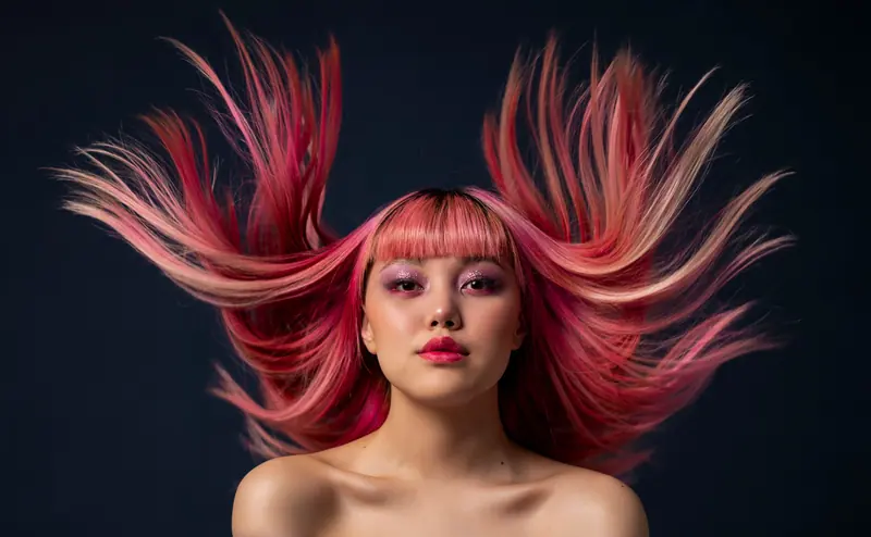Pink hair flying against black