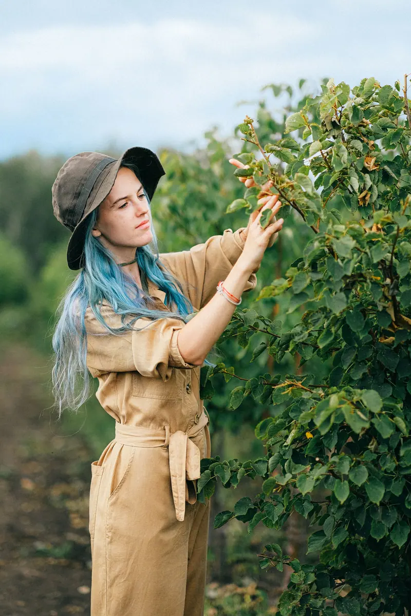 Pastel blue hair among green hedges