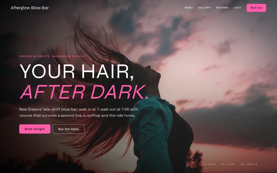 Afterglow Blow Bar website design — dark moody gallery layout
