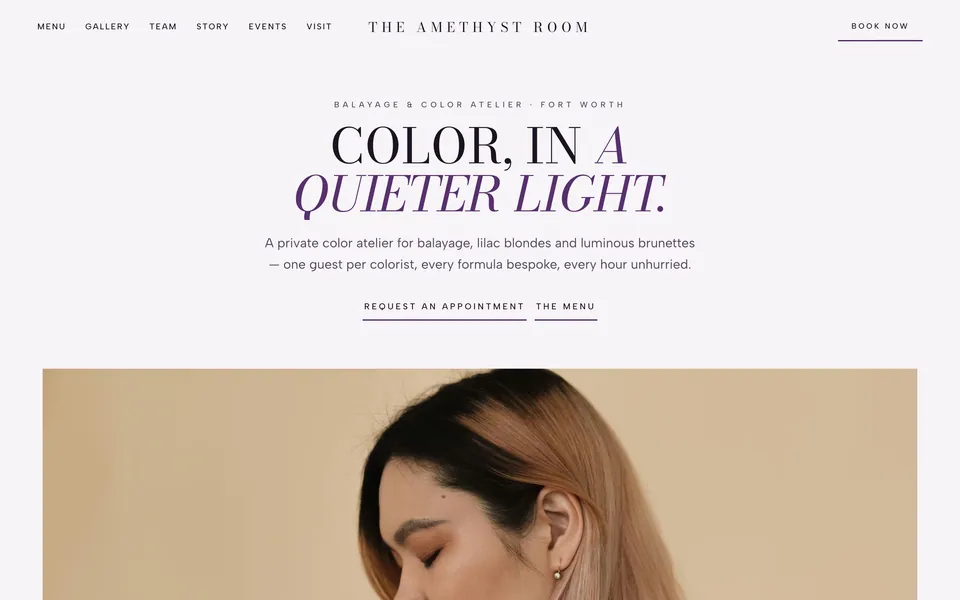 The Amethyst Room website design — centered luxury minimal layout