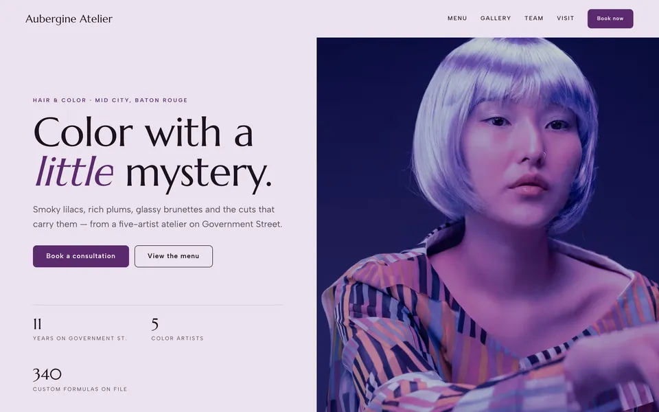 Aubergine Atelier website design — split screen layout