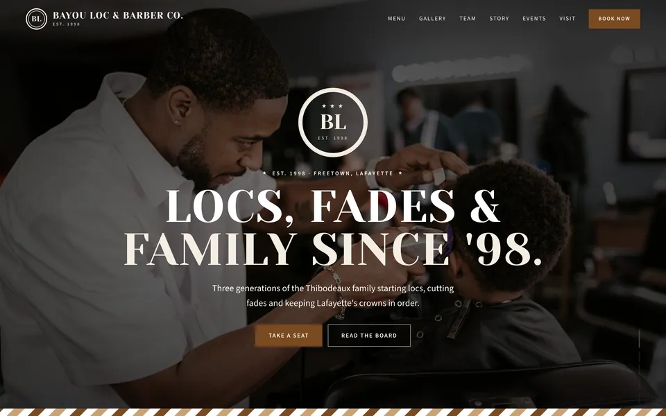 Bayou Loc & Barber Co. website design — classic barbershop layout