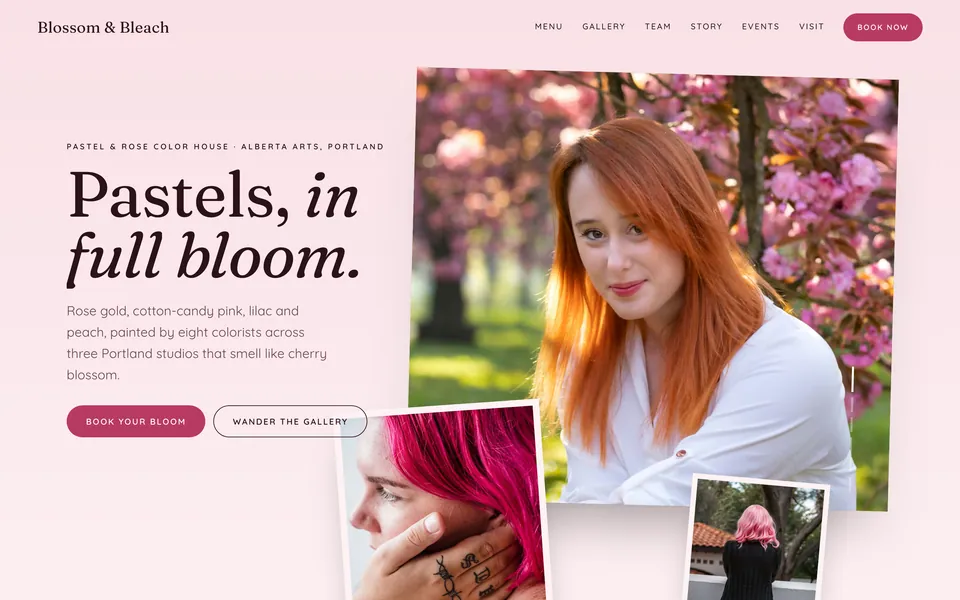 Blossom & Bleach website design — asymmetric collage layout