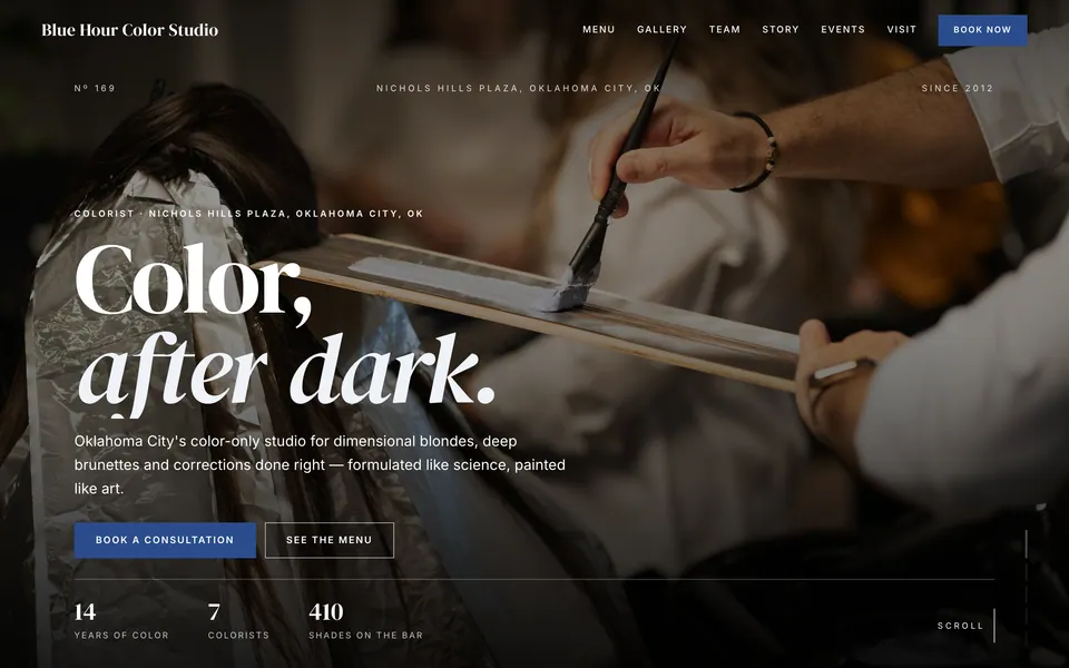 Blue Hour Color Studio website design — full-bleed editorial layout
