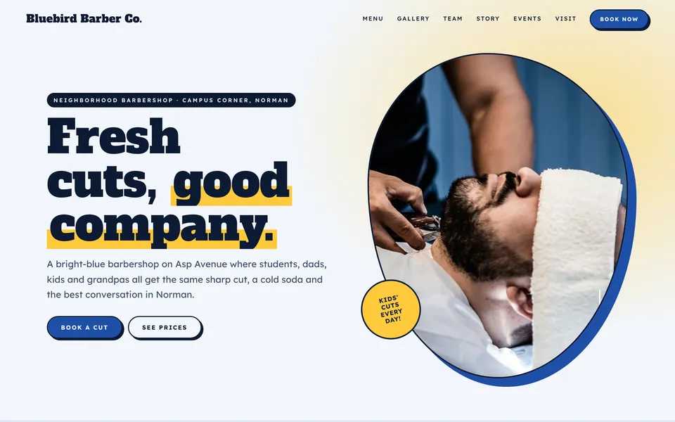 Bluebird Barber Co. website design — bright & playful layout
