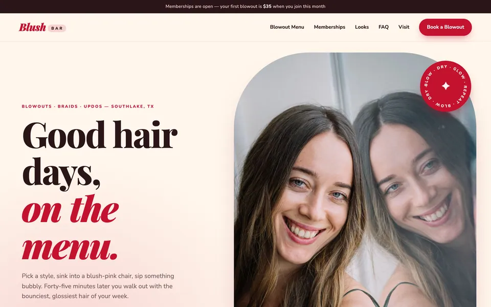 Blush Bar website design — bright & playful layout