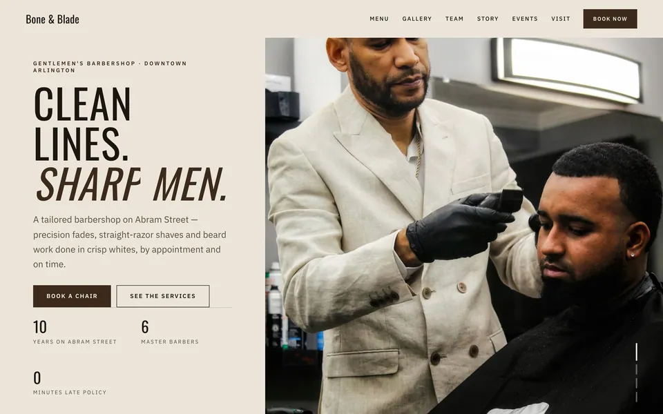 Bone & Blade website design — split screen layout