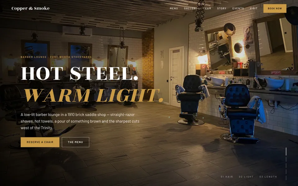 Copper & Smoke website design — dark moody gallery layout