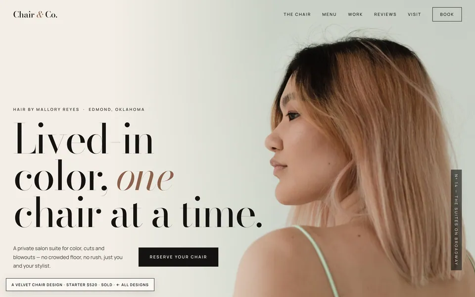 Chair & Co. website design — split screen layout