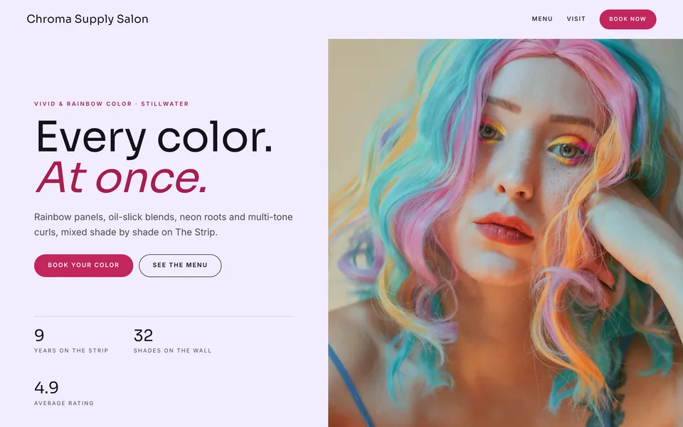 Chroma Supply Salon website design — split screen layout