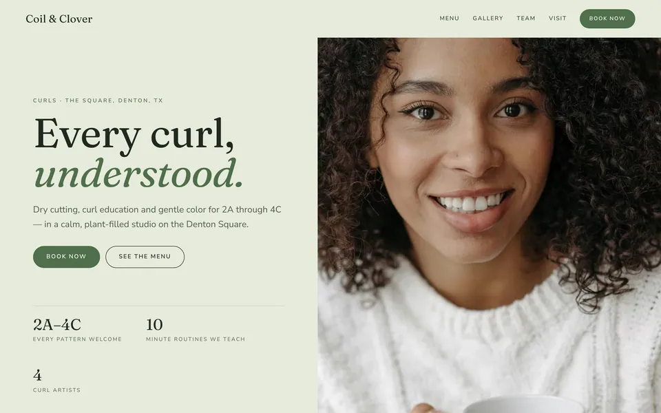 Coil & Clover website design — split screen layout